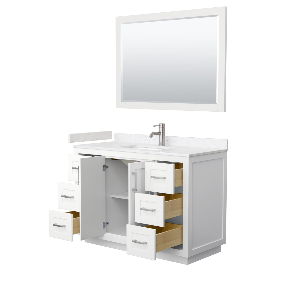 Miranda 48 Inch Single Bathroom Vanity in White Carrara Cultured Marble Countertop Undermount Square Sink Brushed Nickel Trim 46 Inch Mirror