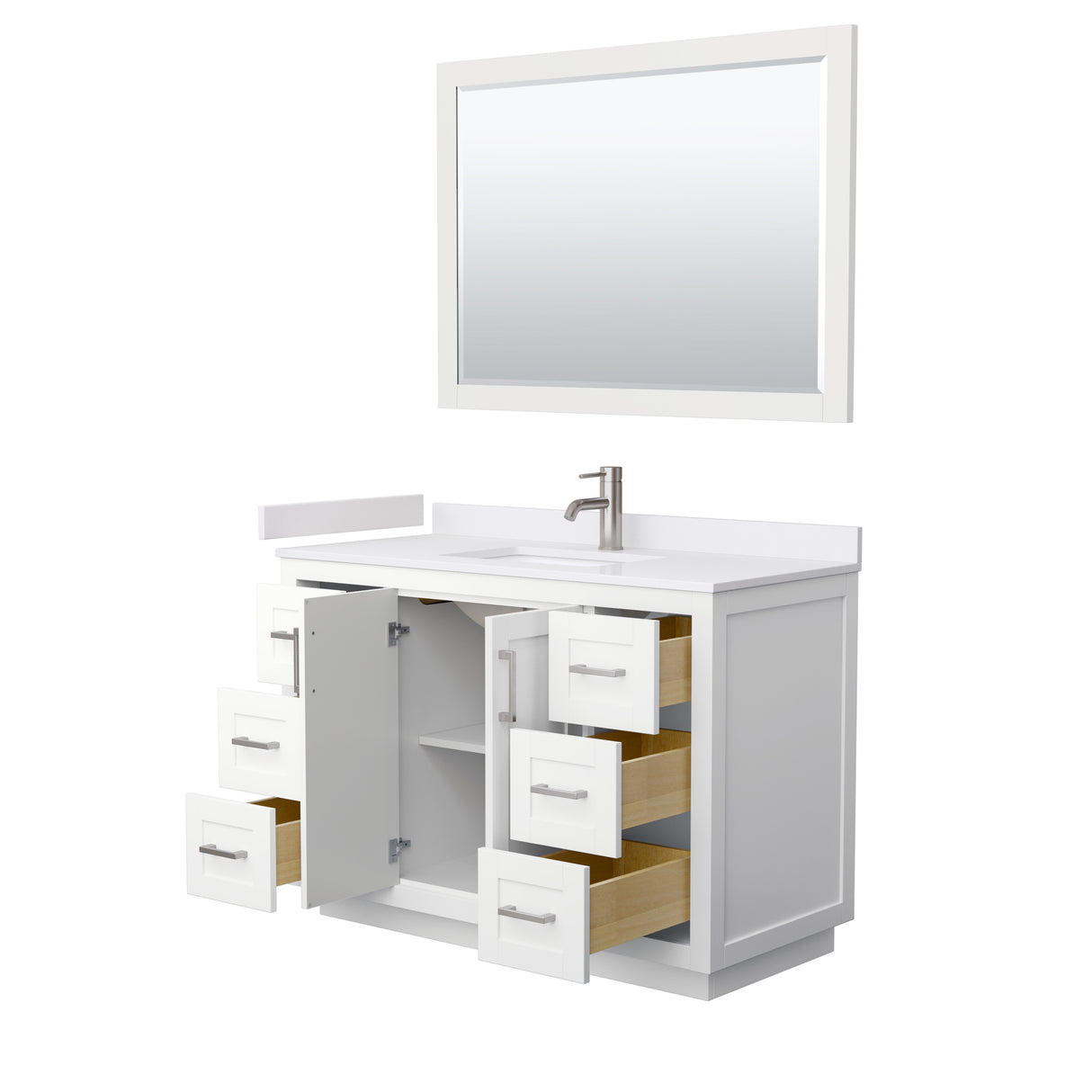Miranda 48 Inch Single Bathroom Vanity in White White Cultured Marble Countertop Undermount Square Sink Brushed Nickel Trim 46 Inch Mirror