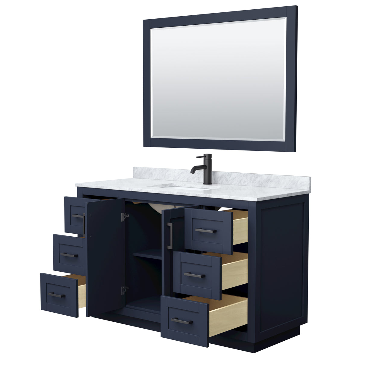 Miranda 54 Inch Single Bathroom Vanity in Dark Blue White Carrara Marble Countertop Undermount Square Sink Matte Black Trim 46 Inch Mirror