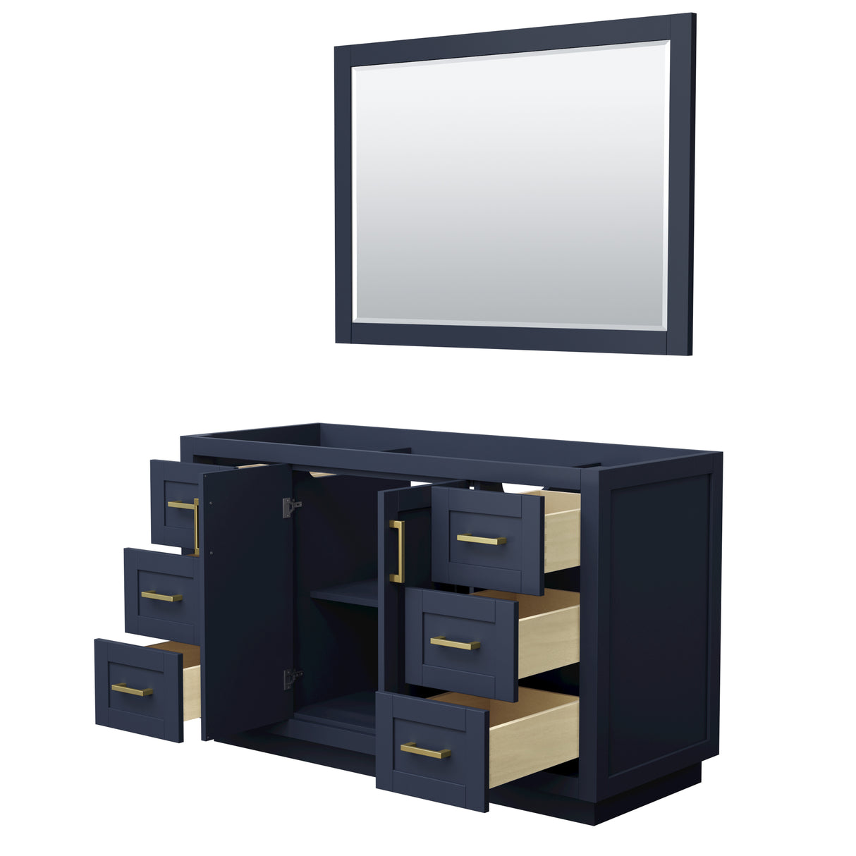 Miranda 54 Inch Single Bathroom Vanity in Dark Blue No Countertop No Sink Brushed Gold Trim 46 Inch Mirror