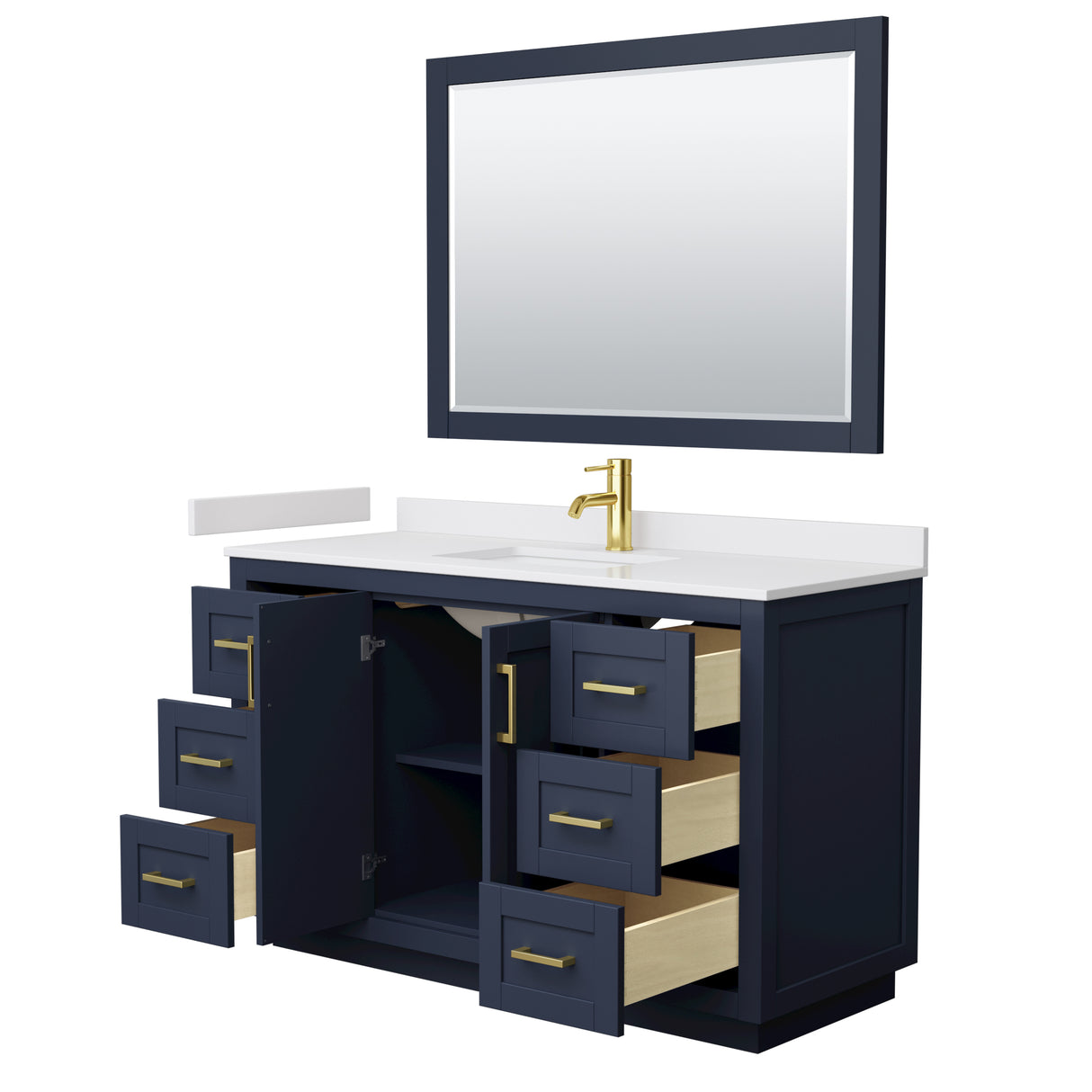 Miranda 54 Inch Single Bathroom Vanity in Dark Blue White Cultured Marble Countertop Undermount Square Sink Brushed Gold Trim 46 Inch Mirror