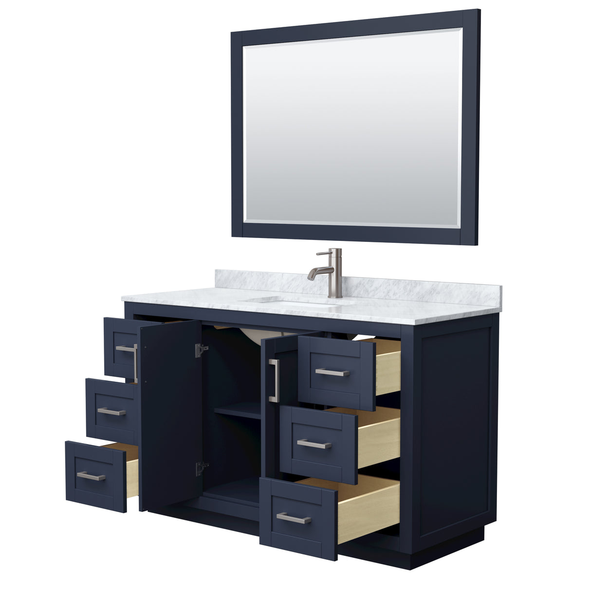 Miranda 54 Inch Single Bathroom Vanity in Dark Blue White Carrara Marble Countertop Undermount Square Sink Brushed Nickel Trim 46 Inch Mirror