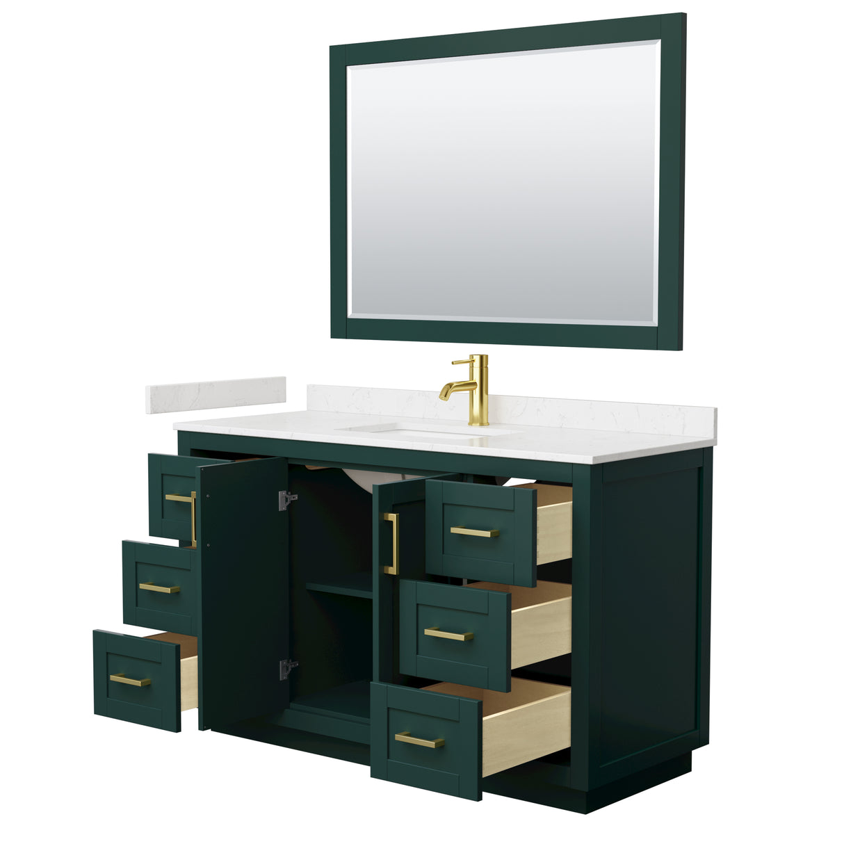 Miranda 54 Inch Single Bathroom Vanity in Green Carrara Cultured Marble Countertop Undermount Square Sink Brushed Gold Trim 46 Inch Mirror