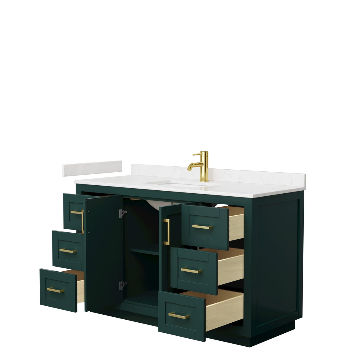 Miranda 54 Inch Single Bathroom Vanity in Green Carrara Cultured Marble Countertop Undermount Square Sink Brushed Gold Trim