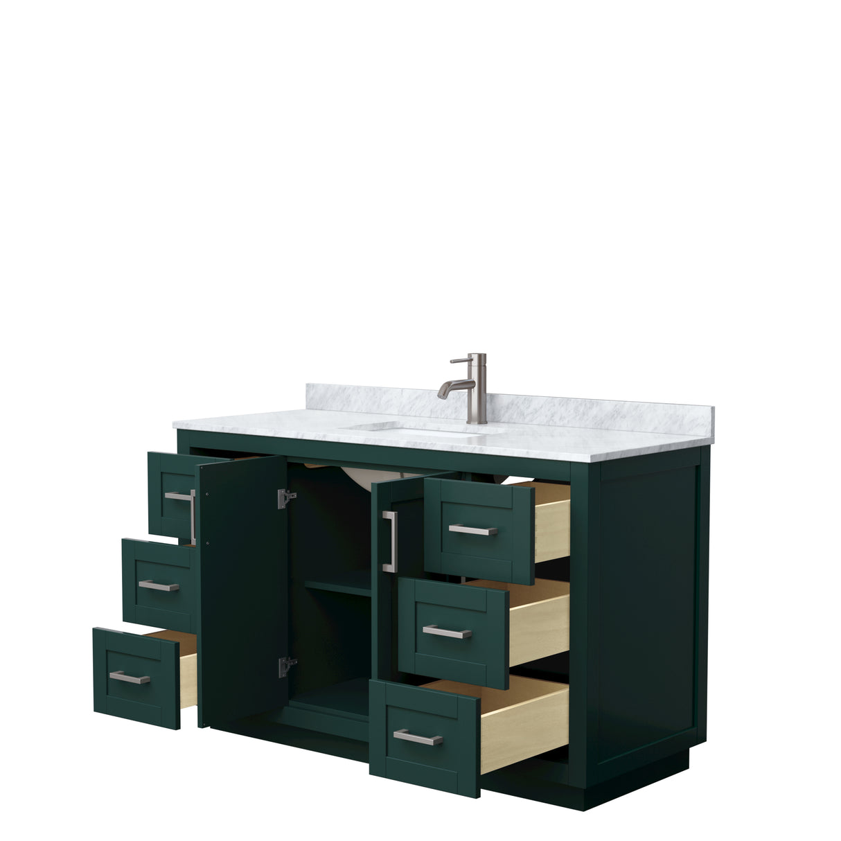 Miranda 54 Inch Single Bathroom Vanity in Green White Carrara Marble Countertop Undermount Square Sink Brushed Nickel Trim