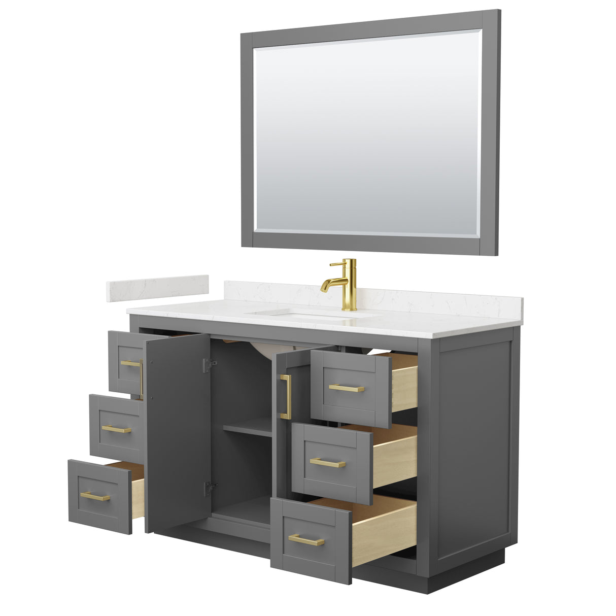 Miranda 54 Inch Single Bathroom Vanity in Dark Gray Carrara Cultured Marble Countertop Undermount Square Sink Brushed Gold Trim 46 Inch Mirror