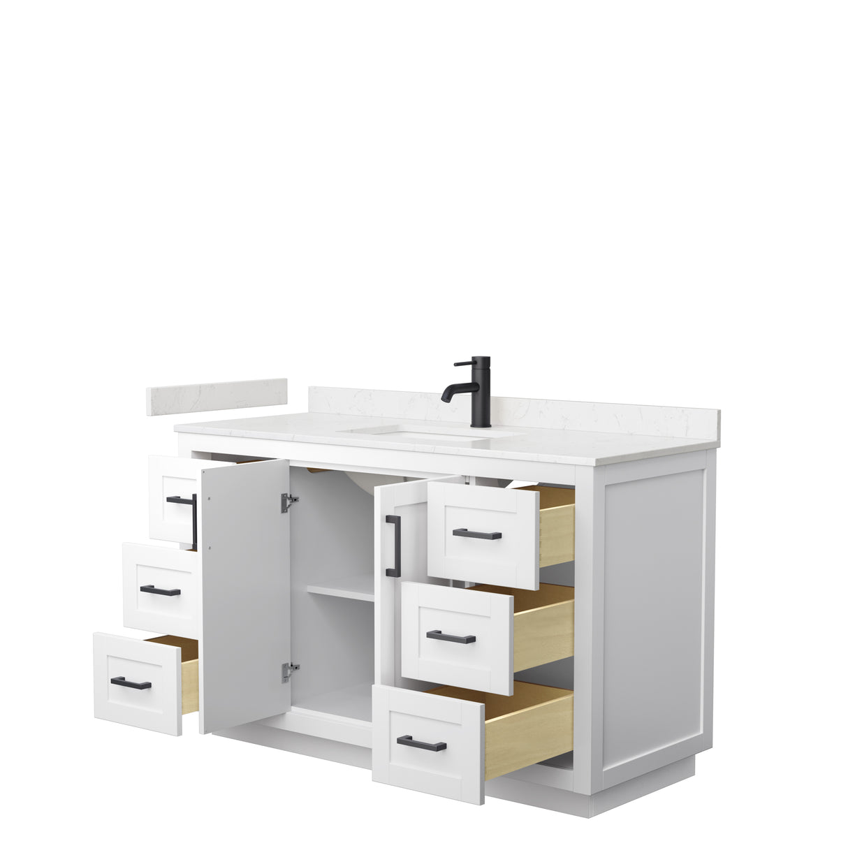 Miranda 54 Inch Single Bathroom Vanity in White Carrara Cultured Marble Countertop Undermount Square Sink Matte Black Trim