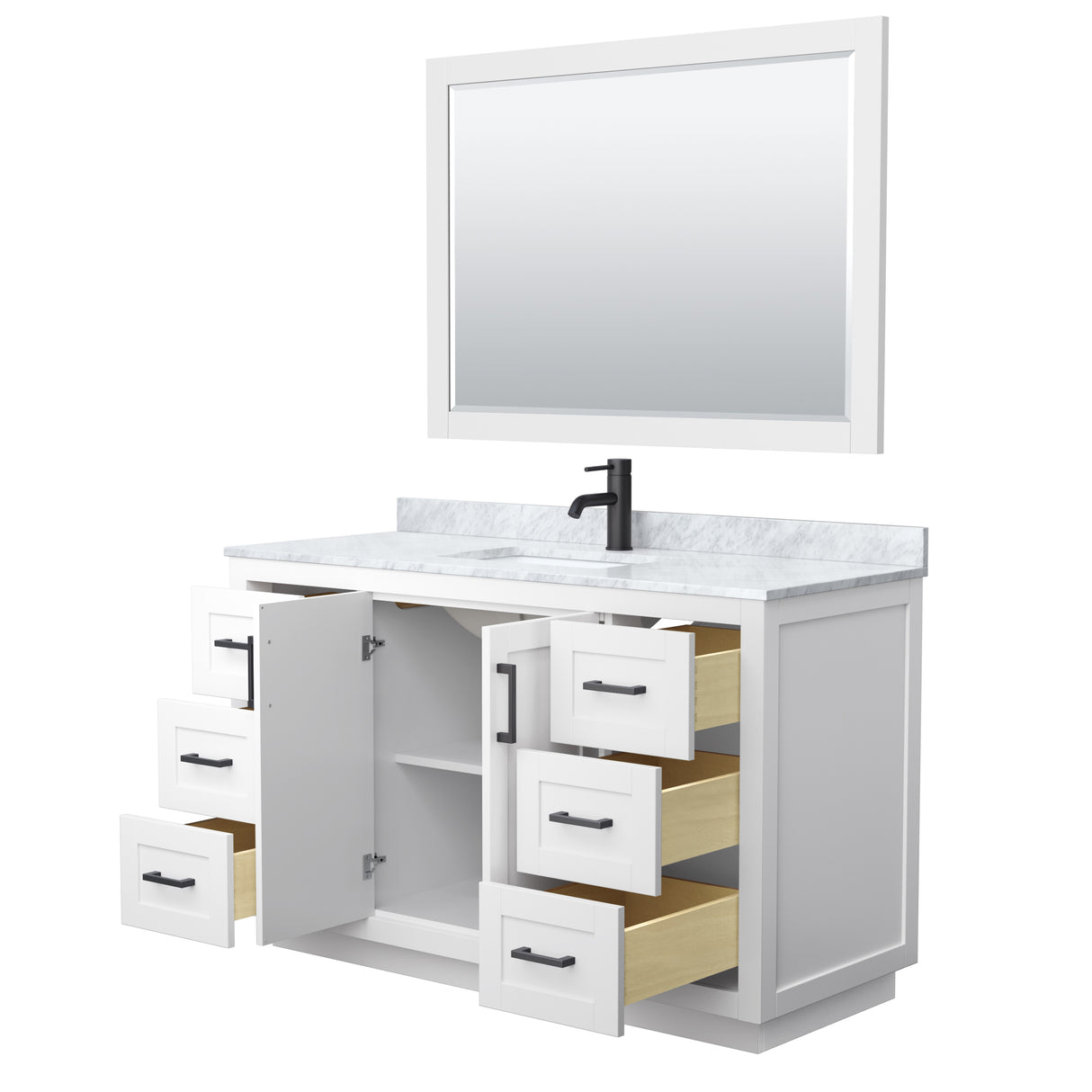 Miranda 54 Inch Single Bathroom Vanity in White White Carrara Marble Countertop Undermount Square Sink Matte Black Trim 46 Inch Mirror