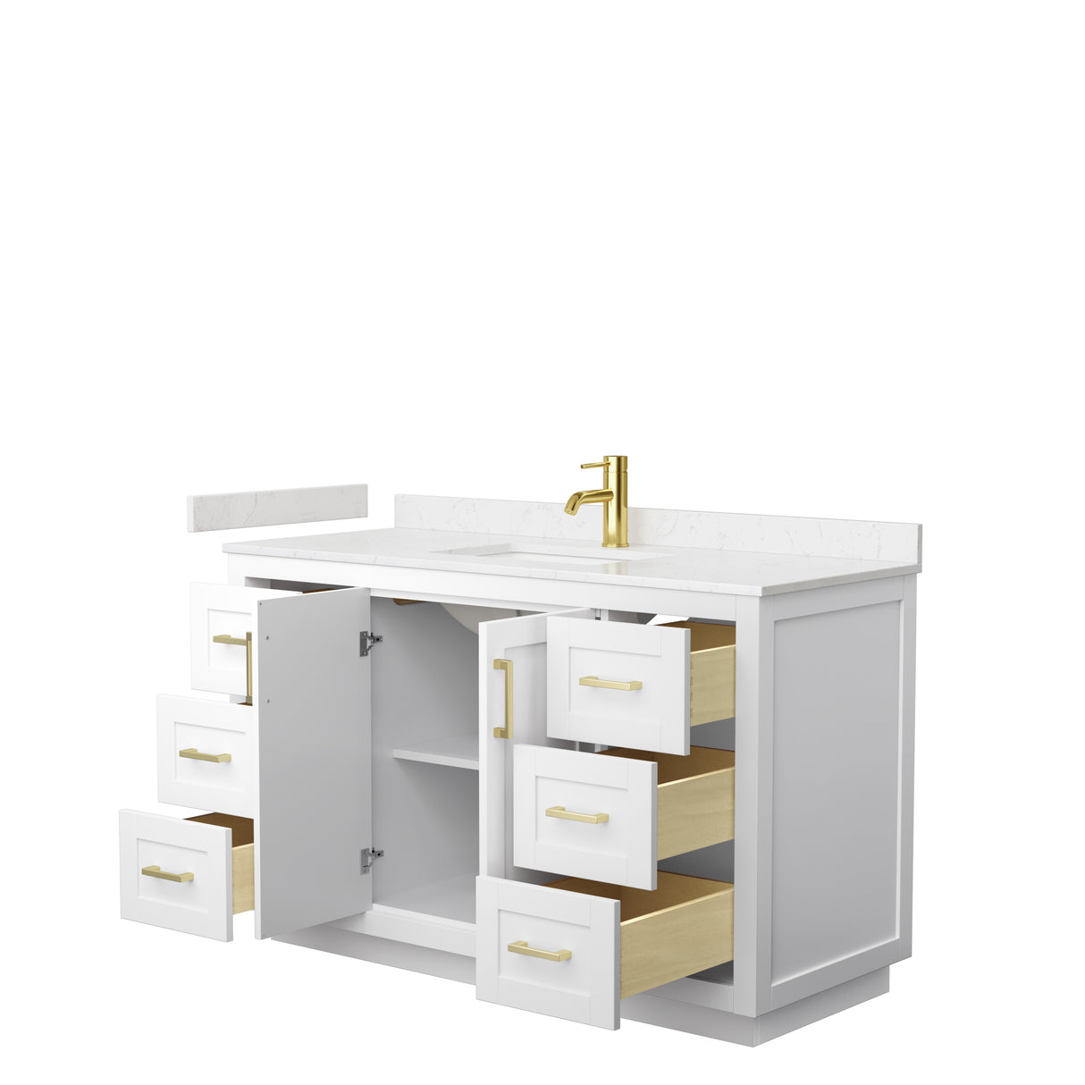 Miranda 54 Inch Single Bathroom Vanity in White Carrara Cultured Marble Countertop Undermount Square Sink Brushed Gold Trim