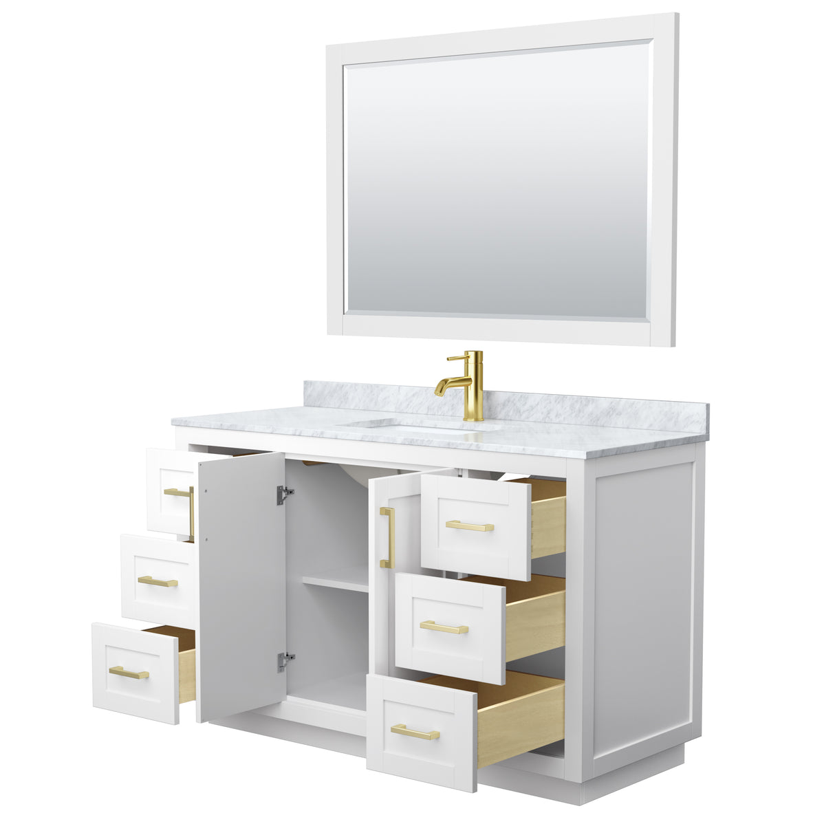 Miranda 54 Inch Single Bathroom Vanity in White White Carrara Marble Countertop Undermount Square Sink Brushed Gold Trim 46 Inch Mirror