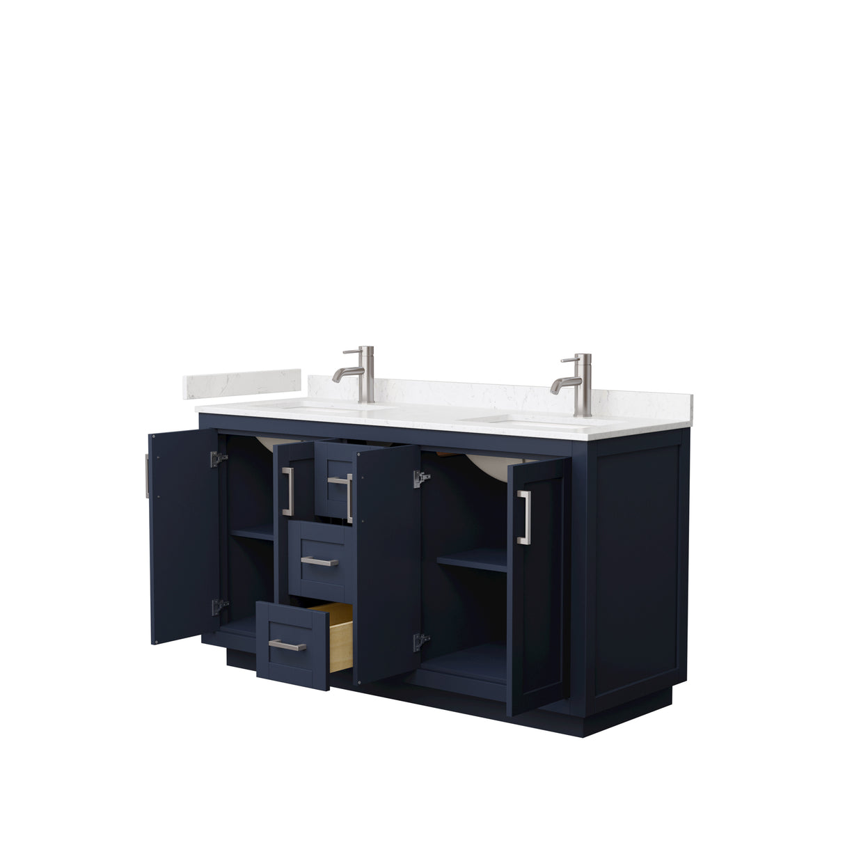Miranda 60 Inch Double Bathroom Vanity in Dark Blue Carrara Cultured Marble Countertop Undermount Square Sinks Brushed Nickel Trim