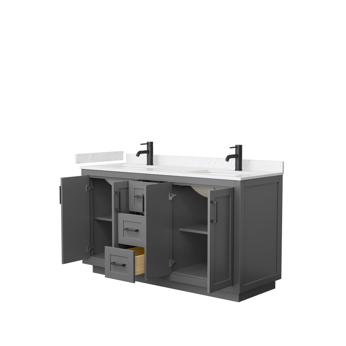 Miranda 60 Inch Double Bathroom Vanity in Dark Gray Carrara Cultured Marble Countertop Undermount Square Sinks Matte Black Trim