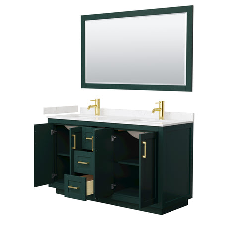 Miranda 60 Inch Double Bathroom Vanity in Green Carrara Cultured Marble Countertop Undermount Square Sinks Brushed Gold Trim 58 Inch Mirror
