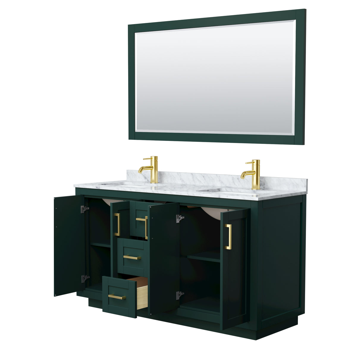 Miranda 60 Inch Double Bathroom Vanity in Green White Carrara Marble Countertop Undermount Square Sinks Brushed Gold Trim 58 Inch Mirror