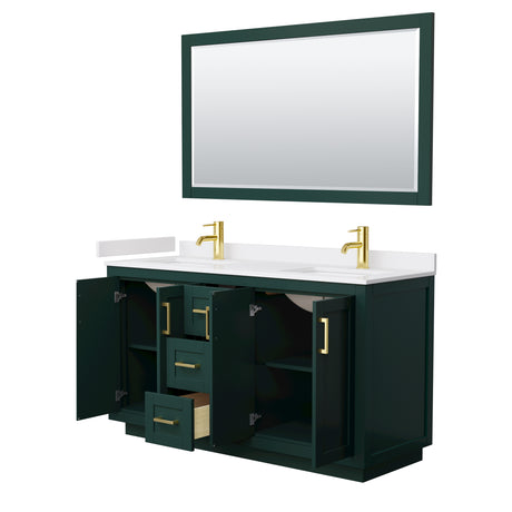 Miranda 60 Inch Double Bathroom Vanity in Green White Cultured Marble Countertop Undermount Square Sinks Brushed Gold Trim 58 Inch Mirror