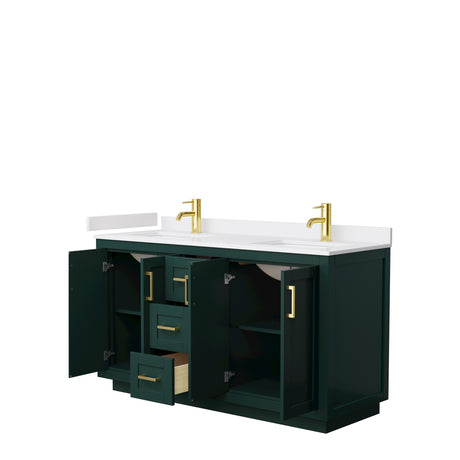 Miranda 60 Inch Double Bathroom Vanity in Green White Cultured Marble Countertop Undermount Square Sinks Brushed Gold Trim