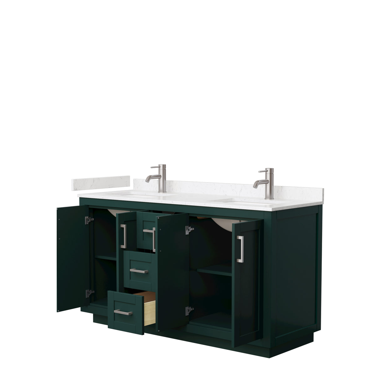Miranda 60 Inch Double Bathroom Vanity in Green Carrara Cultured Marble Countertop Undermount Square Sinks Brushed Nickel Trim