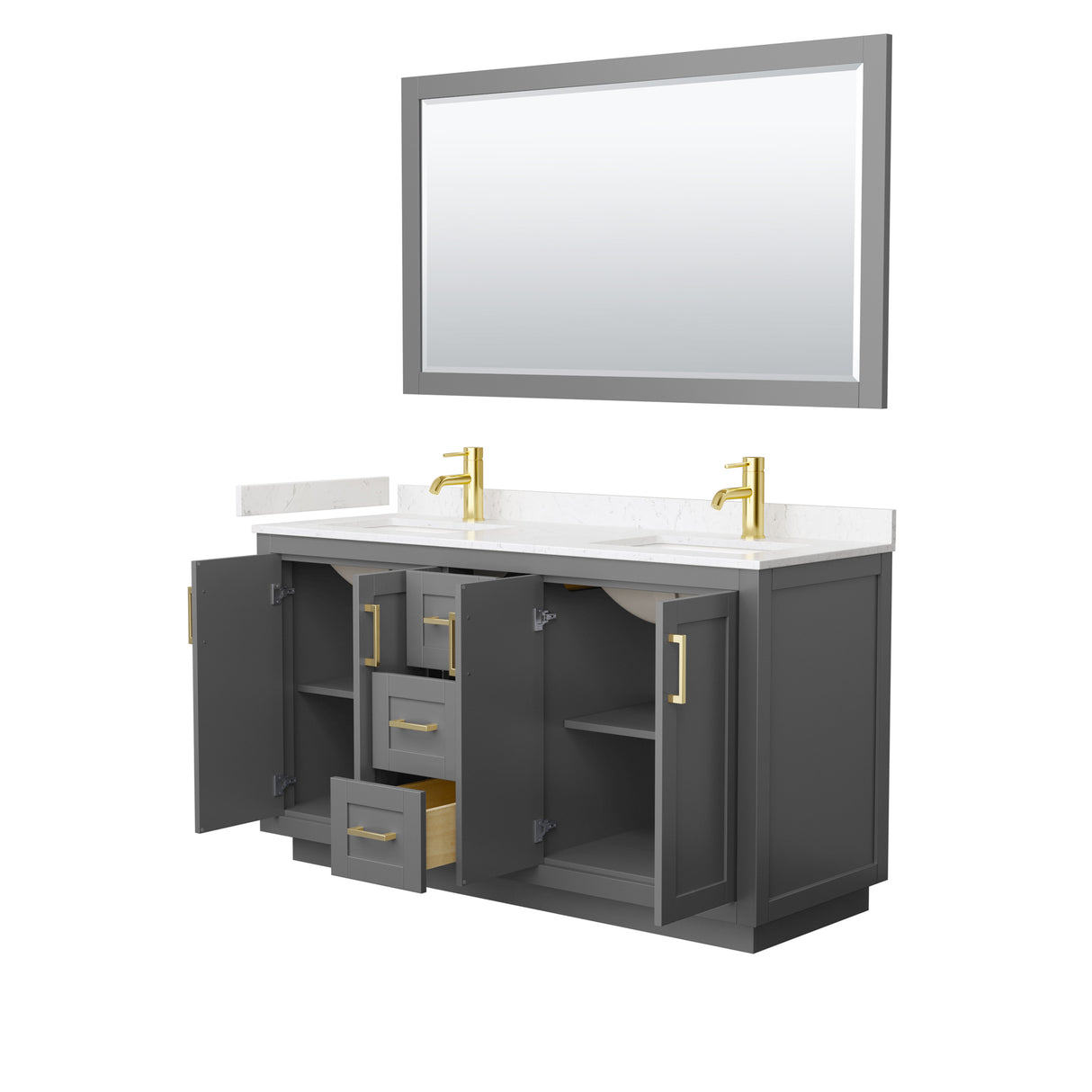 Miranda 60 Inch Double Bathroom Vanity in Dark Gray Carrara Cultured Marble Countertop Undermount Square Sinks Brushed Gold Trim 58 Inch Mirror