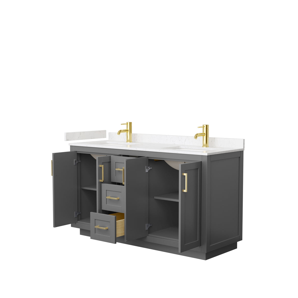 Miranda 60 Inch Double Bathroom Vanity in Dark Gray Carrara Cultured Marble Countertop Undermount Square Sinks Brushed Gold Trim