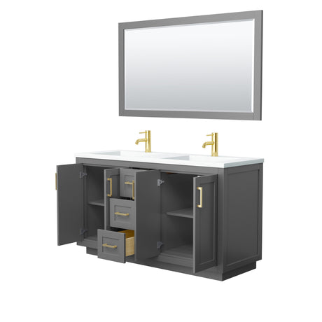 Miranda 60 Inch Double Bathroom Vanity in Dark Gray 1.25 Inch Thick Matte White Solid Surface Countertop Integrated Sinks Brushed Gold Trim 58 Inch Mirror