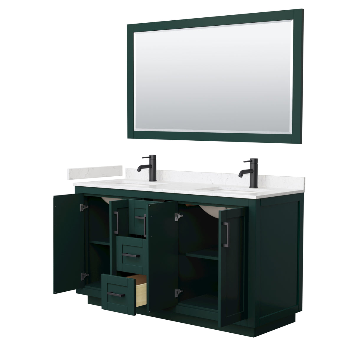 Miranda 60 Inch Double Bathroom Vanity in Green Carrara Cultured Marble Countertop Undermount Square Sinks Matte Black Trim 58 Inch Mirror