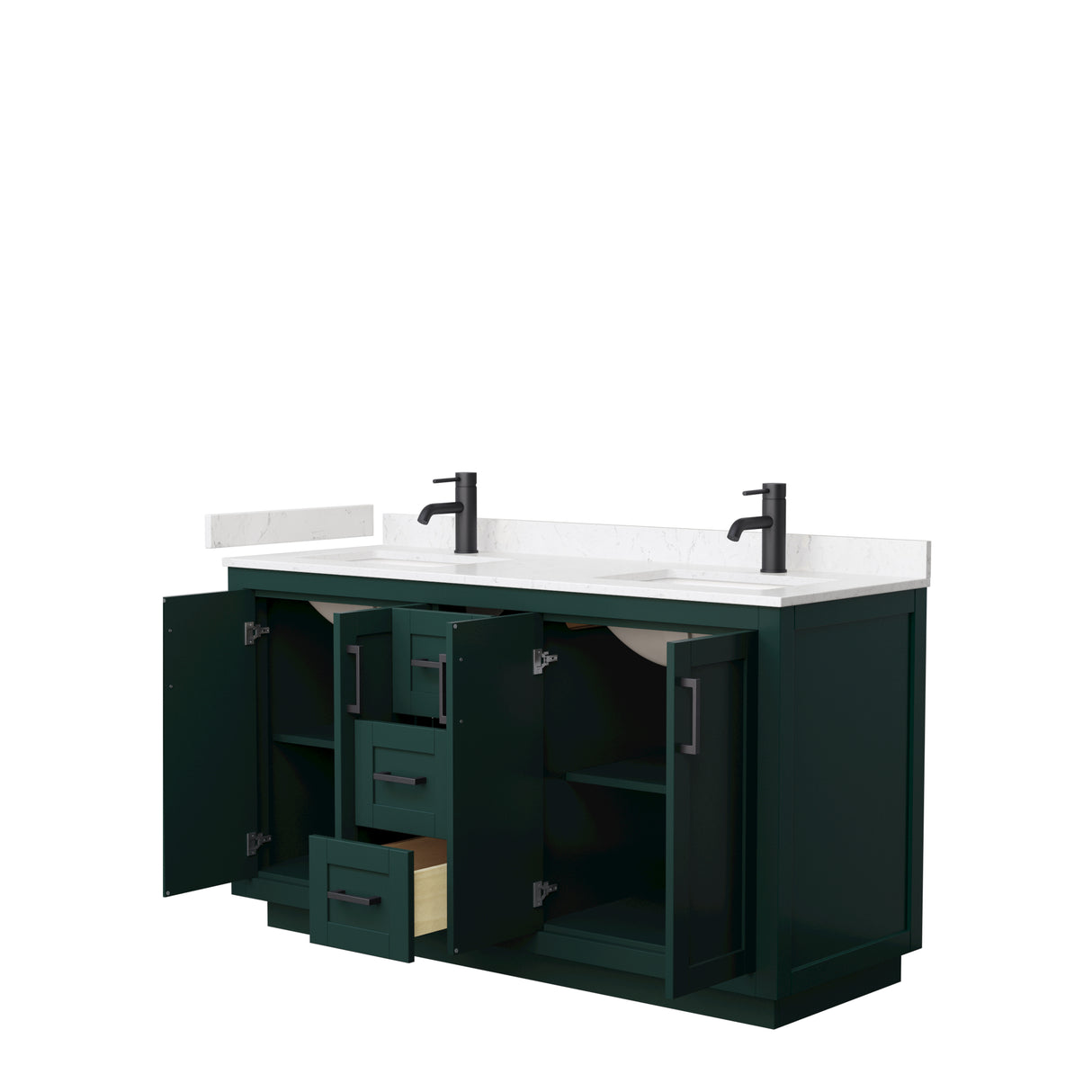 Miranda 60 Inch Double Bathroom Vanity in Green Carrara Cultured Marble Countertop Undermount Square Sinks Matte Black Trim