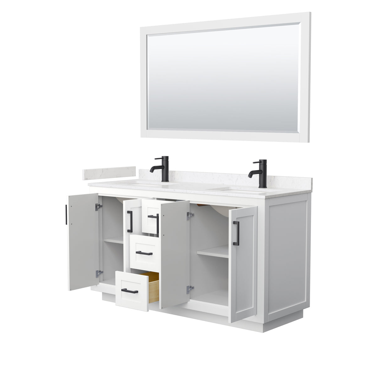 Miranda 60 Inch Double Bathroom Vanity in White Carrara Cultured Marble Countertop Undermount Square Sinks Matte Black Trim 58 Inch Mirror