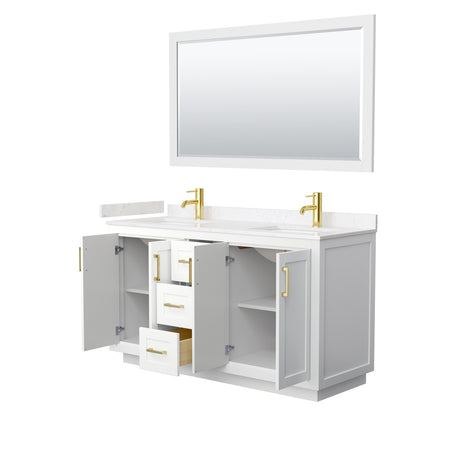 Miranda 60 Inch Double Bathroom Vanity in White Carrara Cultured Marble Countertop Undermount Square Sinks Brushed Gold Trim 58 Inch Mirror