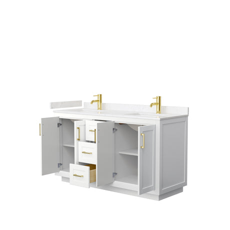 Miranda 60 Inch Double Bathroom Vanity in White Carrara Cultured Marble Countertop Undermount Square Sinks Brushed Gold Trim