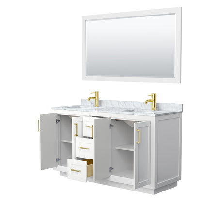 Miranda 60 Inch Double Bathroom Vanity in White White Carrara Marble Countertop Undermount Square Sinks Brushed Gold Trim 58 Inch Mirror