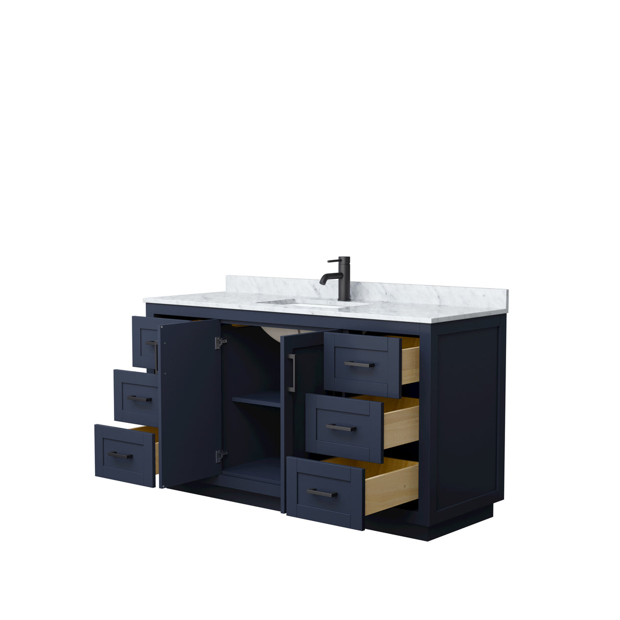 Miranda 60 Inch Single Bathroom Vanity in Dark Blue White Carrara Marble Countertop Undermount Square Sink Matte Black Trim