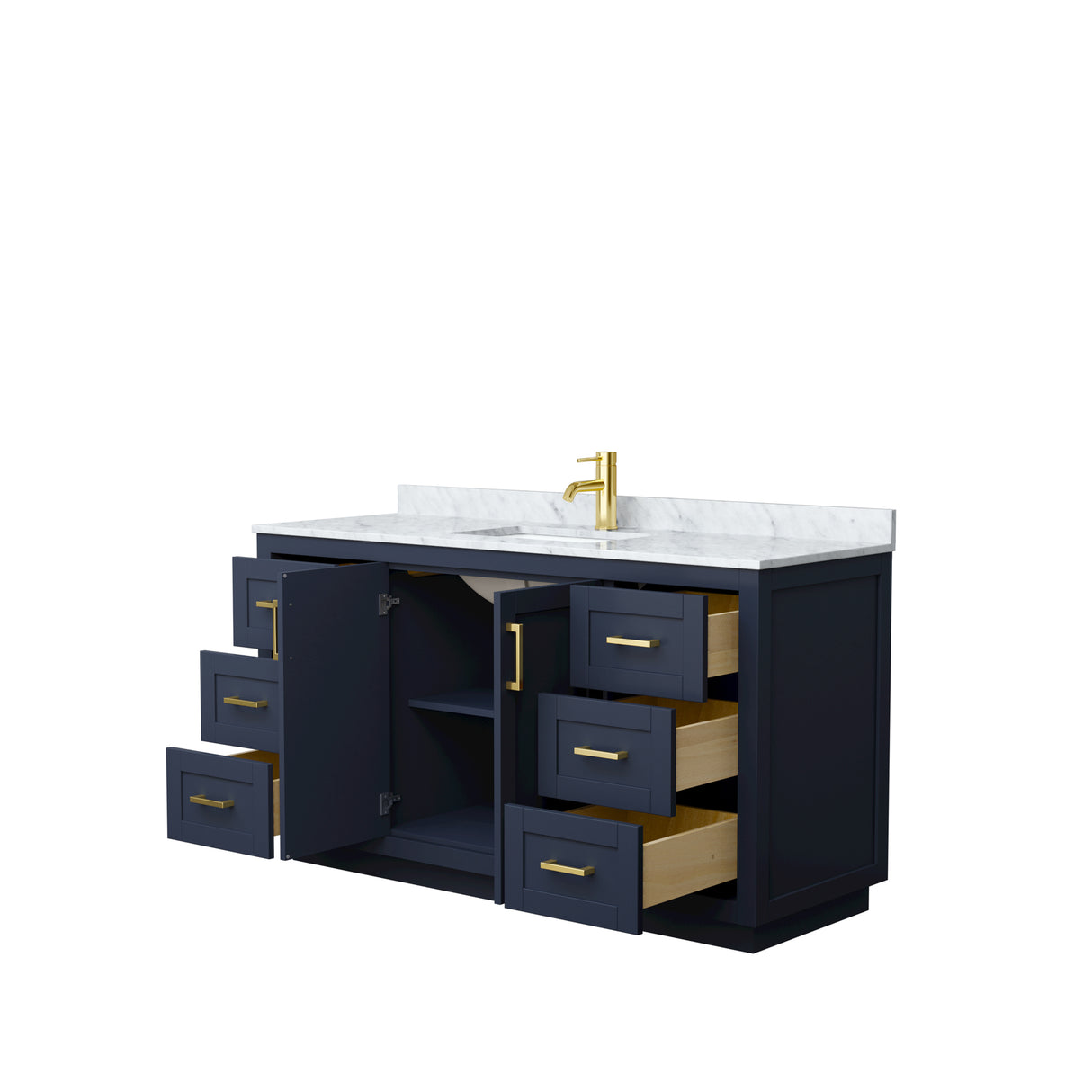 Miranda 60 Inch Single Bathroom Vanity in Dark Blue White Carrara Marble Countertop Undermount Square Sink Brushed Gold Trim