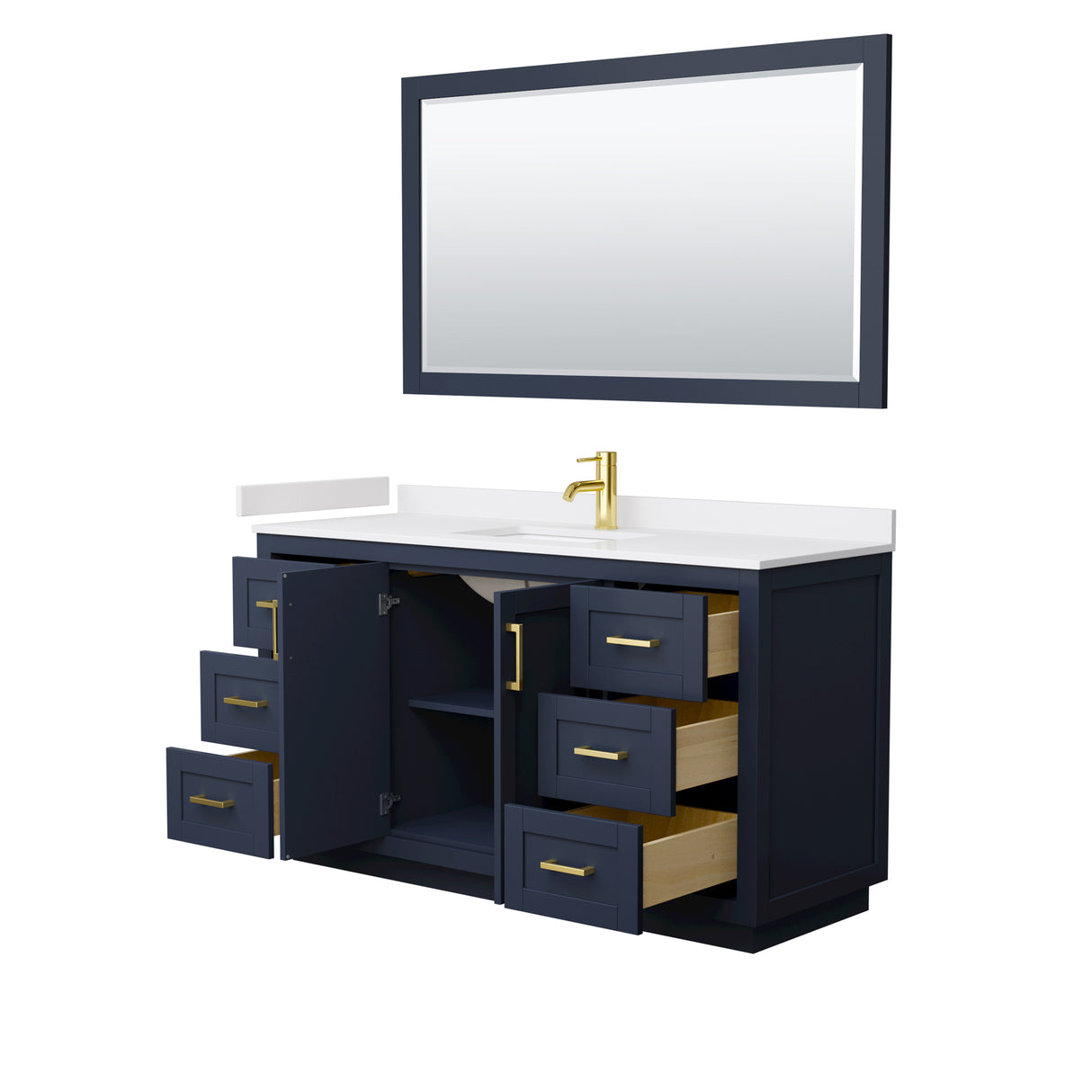 Miranda 60 Inch Single Bathroom Vanity in Dark Blue White Cultured Marble Countertop Undermount Square Sink Brushed Gold Trim 58 Inch Mirror