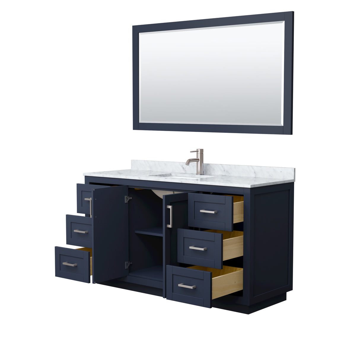 Miranda 60 Inch Single Bathroom Vanity in Dark Blue White Carrara Marble Countertop Undermount Square Sink Brushed Nickel Trim 58 Inch Mirror