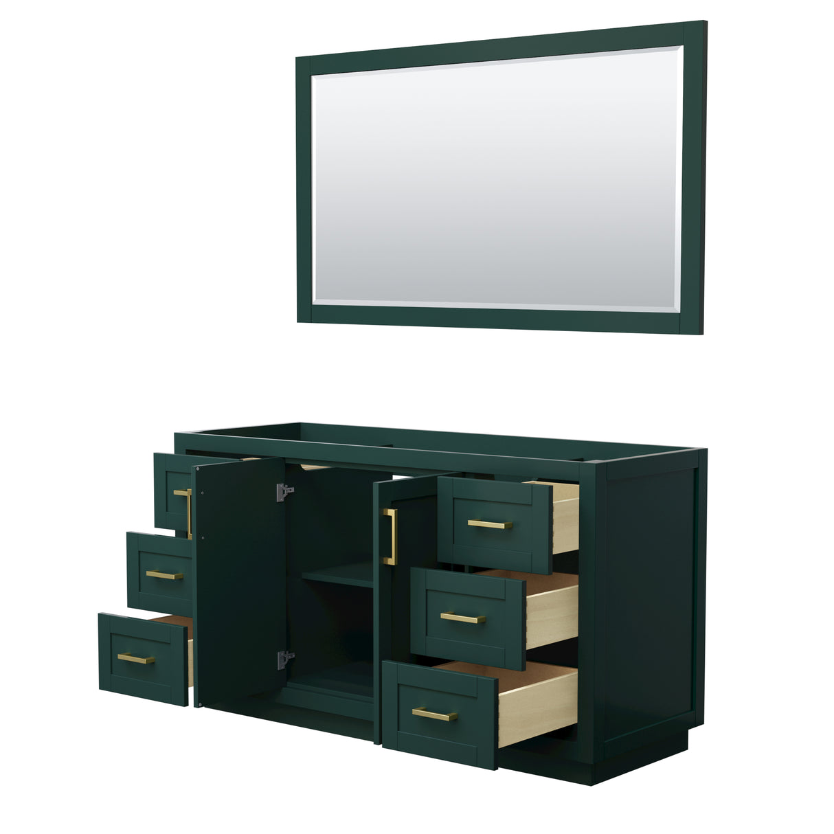 Miranda 60 Inch Single Bathroom Vanity in Green No Countertop No Sink Brushed Gold Trim 58 Inch Mirror