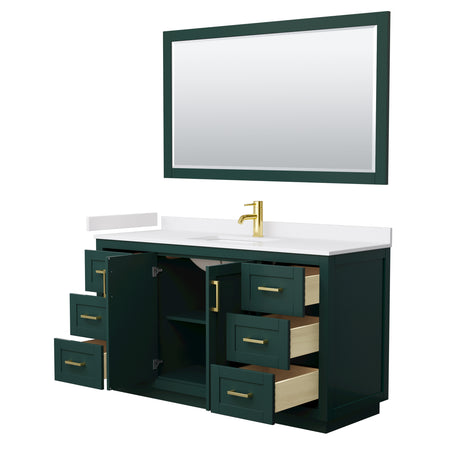 Miranda 60 Inch Single Bathroom Vanity in Green White Cultured Marble Countertop Undermount Square Sink Brushed Gold Trim 58 Inch Mirror