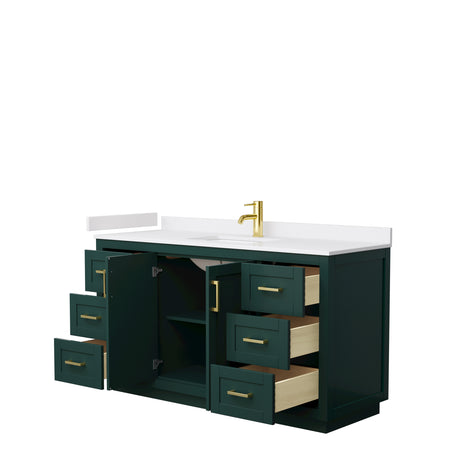 Miranda 60 Inch Single Bathroom Vanity in Green White Cultured Marble Countertop Undermount Square Sink Brushed Gold Trim