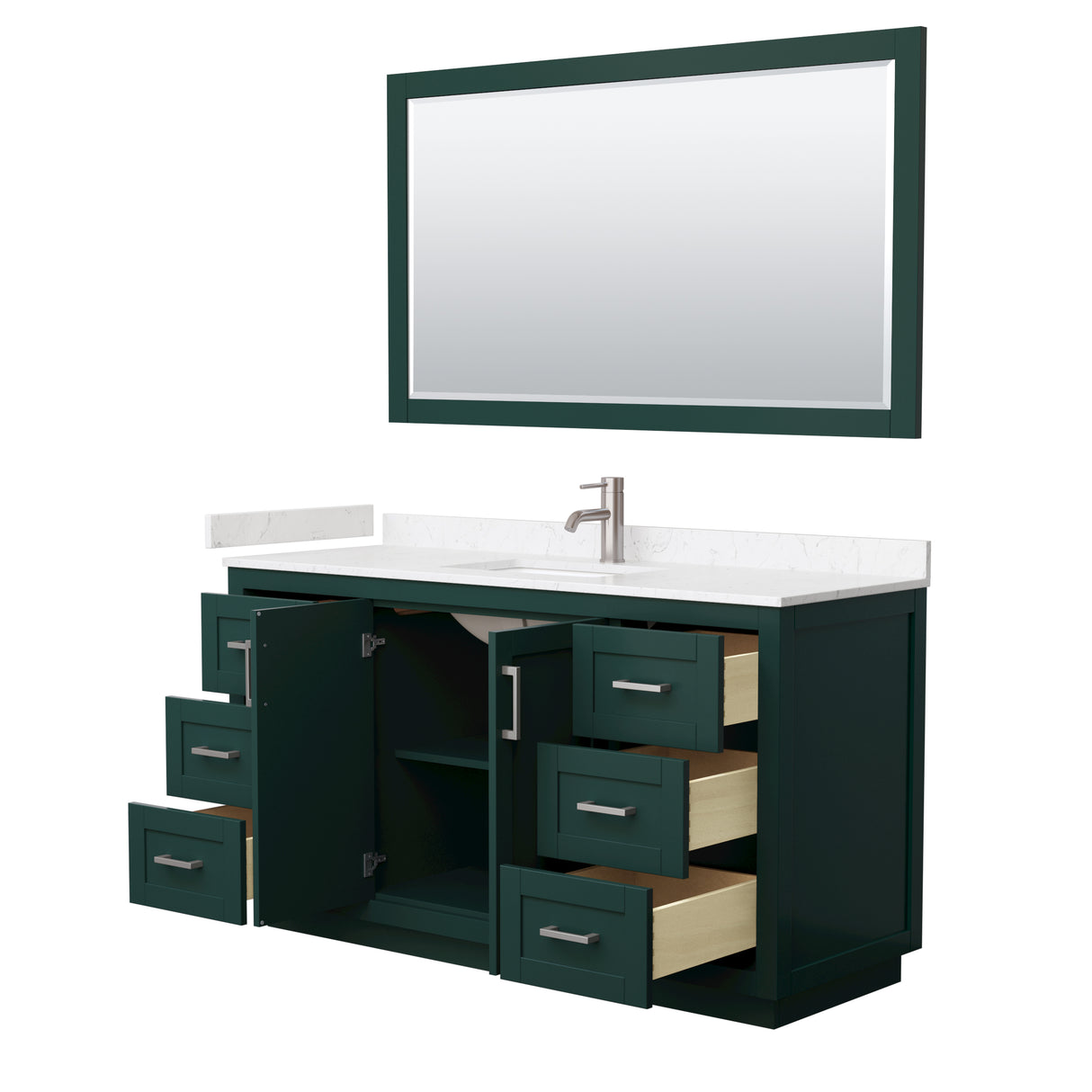 Miranda 60 Inch Single Bathroom Vanity in Green Carrara Cultured Marble Countertop Undermount Square Sink Brushed Nickel Trim 58 Inch Mirror
