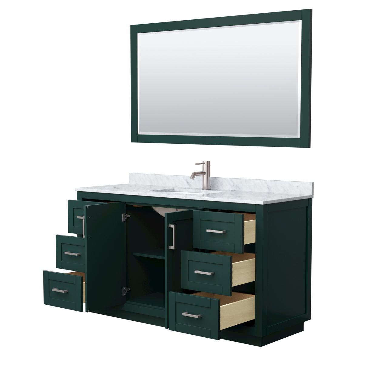 Miranda 60 Inch Single Bathroom Vanity in Green White Carrara Marble Countertop Undermount Square Sink Brushed Nickel Trim 58 Inch Mirror