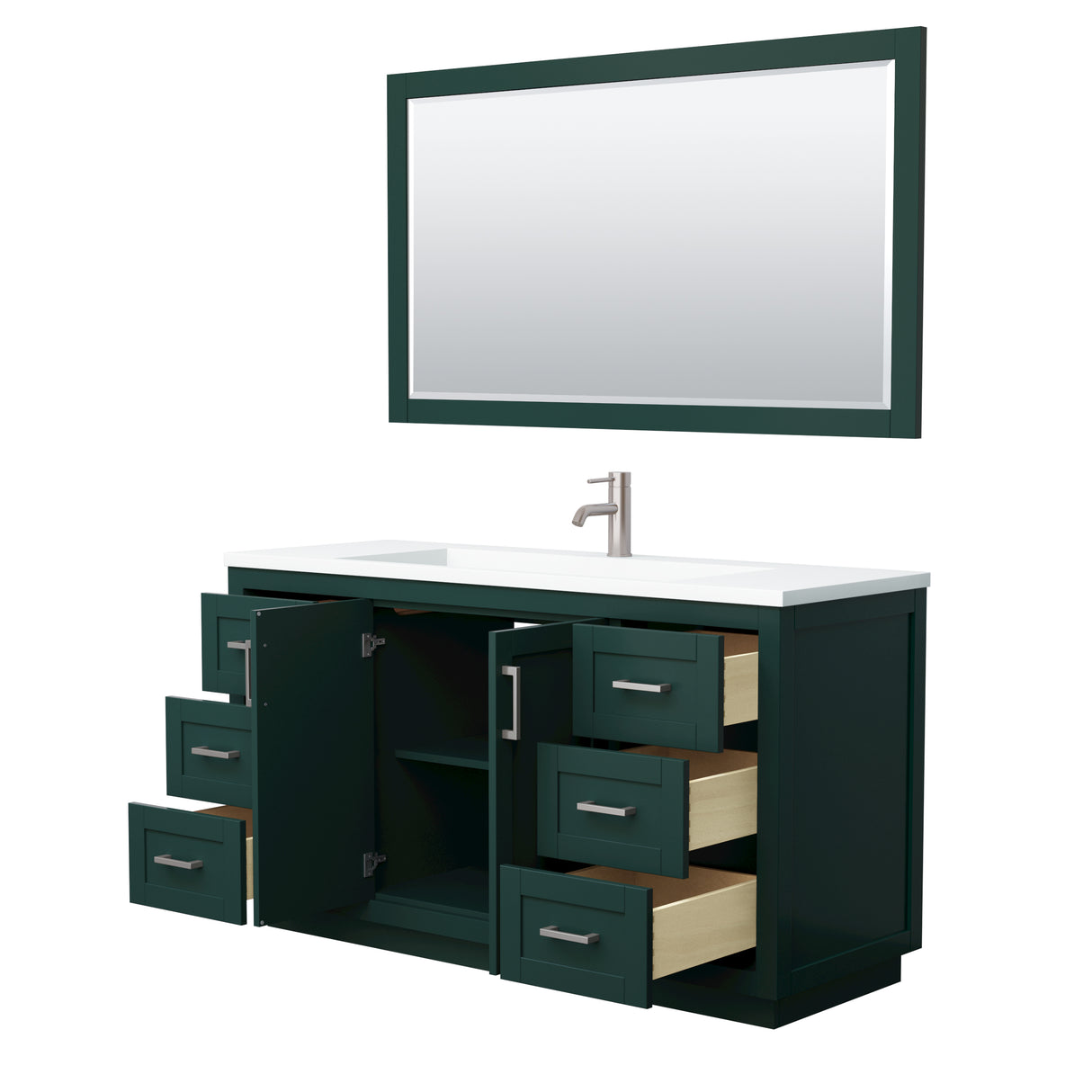 Miranda 60 Inch Single Bathroom Vanity in Green 1.25 Inch Thick Matte White Solid Surface Countertop Integrated Sink Brushed Nickel Trim 58 Inch Mirror
