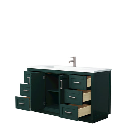 Miranda 60 Inch Single Bathroom Vanity in Green 1.25 Inch Thick Matte White Solid Surface Countertop Integrated Sink Brushed Nickel Trim
