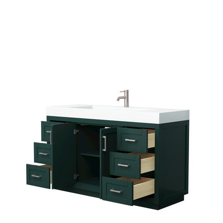 Miranda 60 Inch Single Bathroom Vanity in Green 4 Inch Thick Matte White Solid Surface Countertop Integrated Sink Brushed Nickel Trim