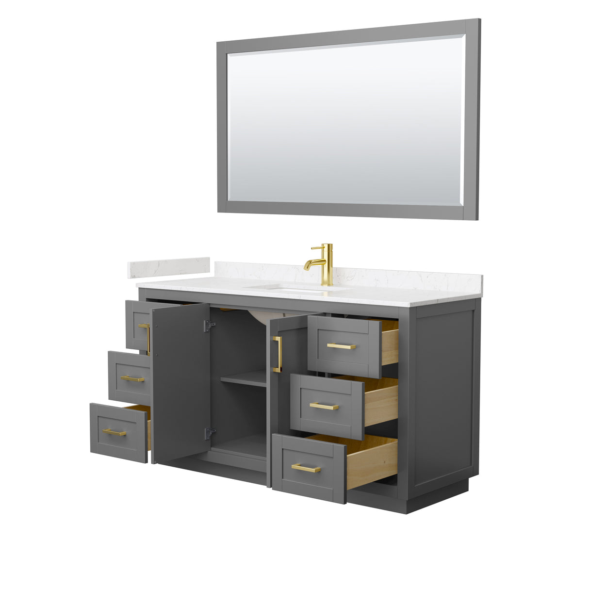 Miranda 60 Inch Single Bathroom Vanity in Dark Gray Carrara Cultured Marble Countertop Undermount Square Sink Brushed Gold Trim 58 Inch Mirror