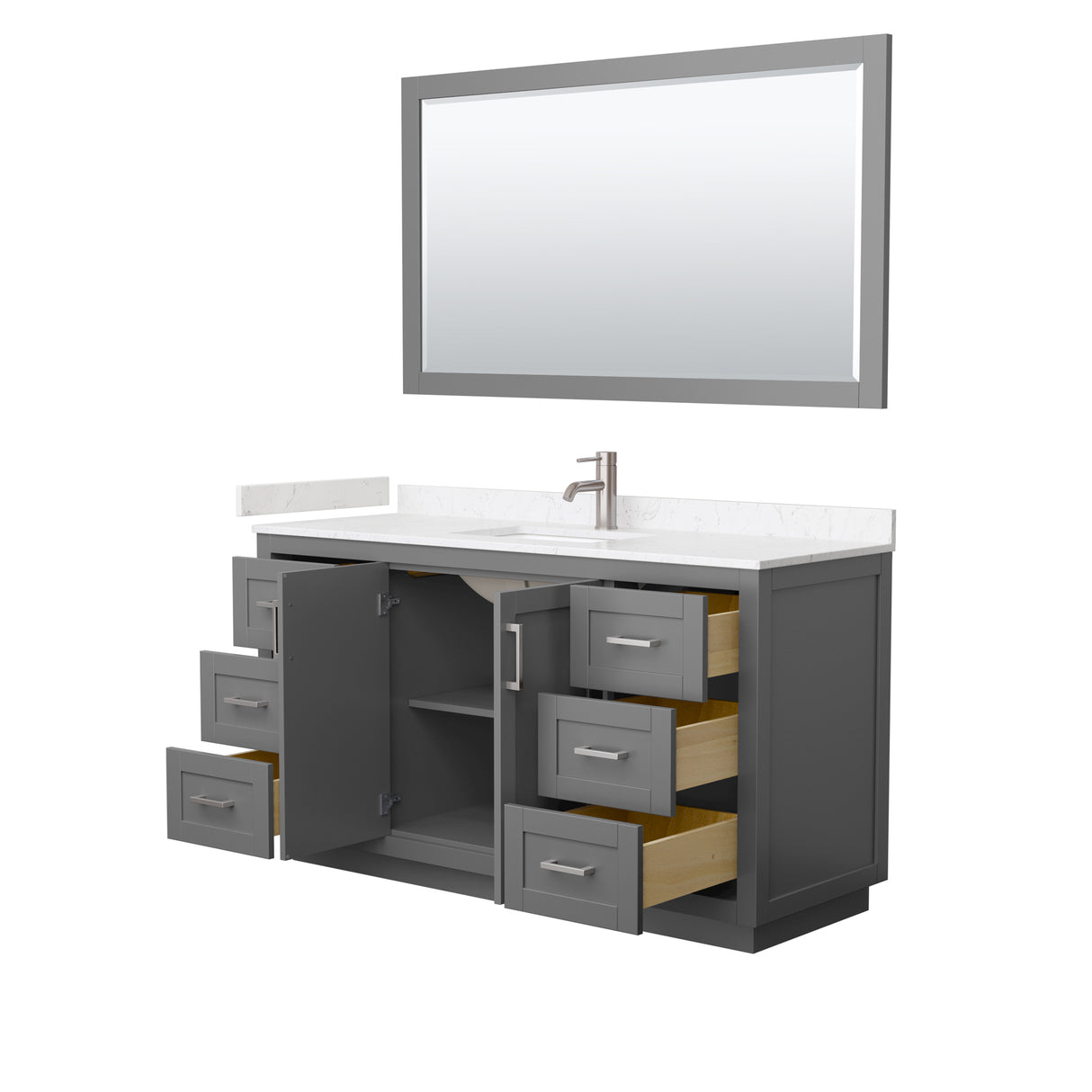 Miranda 60 Inch Single Bathroom Vanity in Dark Gray Carrara Cultured Marble Countertop Undermount Square Sink Brushed Nickel Trim 58 Inch Mirror