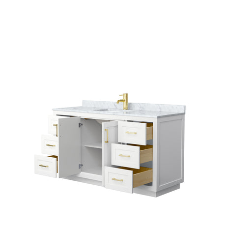 Miranda 60 Inch Single Bathroom Vanity in White White Carrara Marble Countertop Undermount Square Sink Brushed Gold Trim
