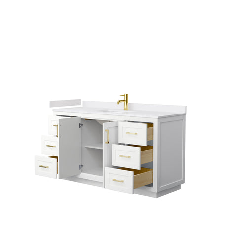 Miranda 60 Inch Single Bathroom Vanity in White White Cultured Marble Countertop Undermount Square Sink Brushed Gold Trim