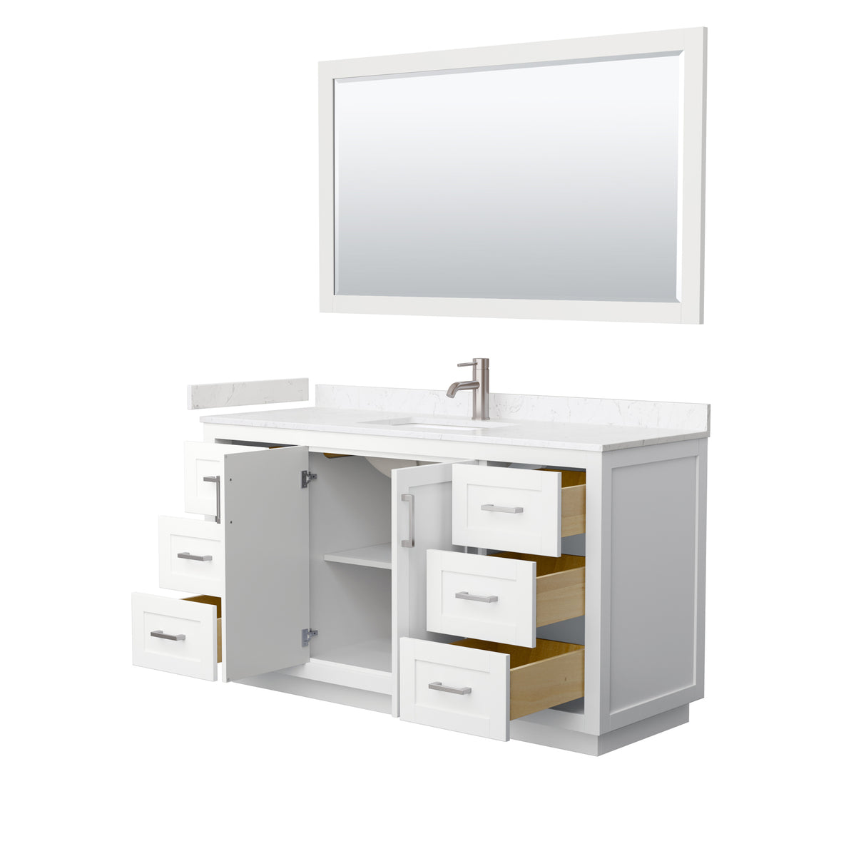 Miranda 60 Inch Single Bathroom Vanity in White Carrara Cultured Marble Countertop Undermount Square Sink Brushed Nickel Trim 58 Inch Mirror