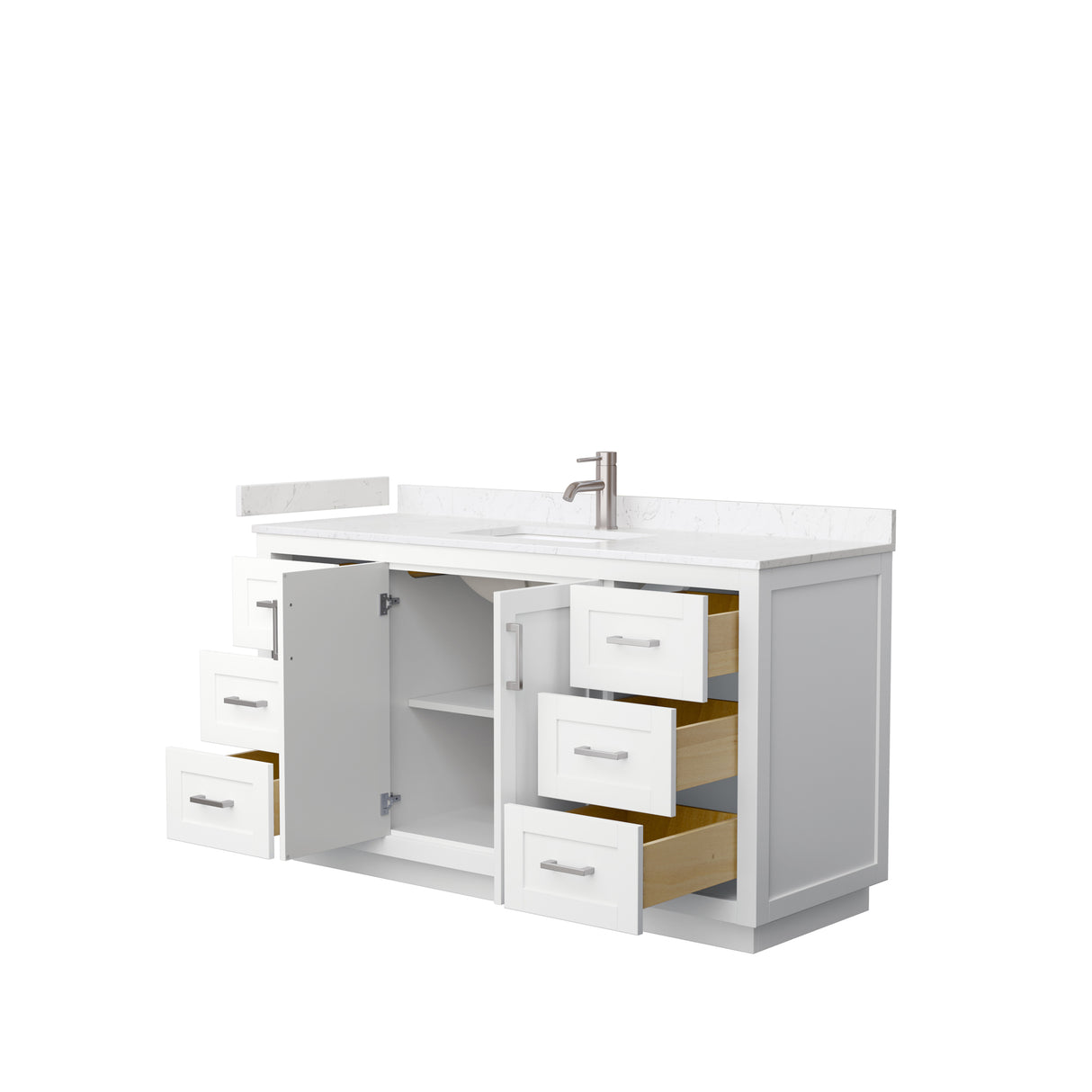 Miranda 60 Inch Single Bathroom Vanity in White Carrara Cultured Marble Countertop Undermount Square Sink Brushed Nickel Trim
