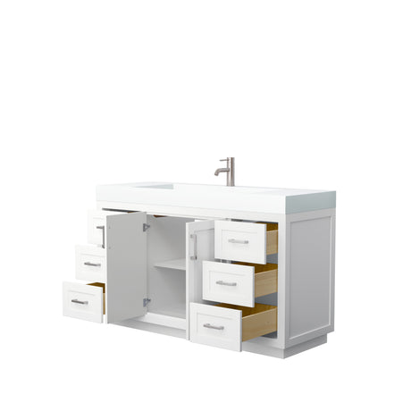 Miranda 60 Inch Single Bathroom Vanity in White 4 Inch Thick Matte White Solid Surface Countertop Integrated Sink Brushed Nickel Trim