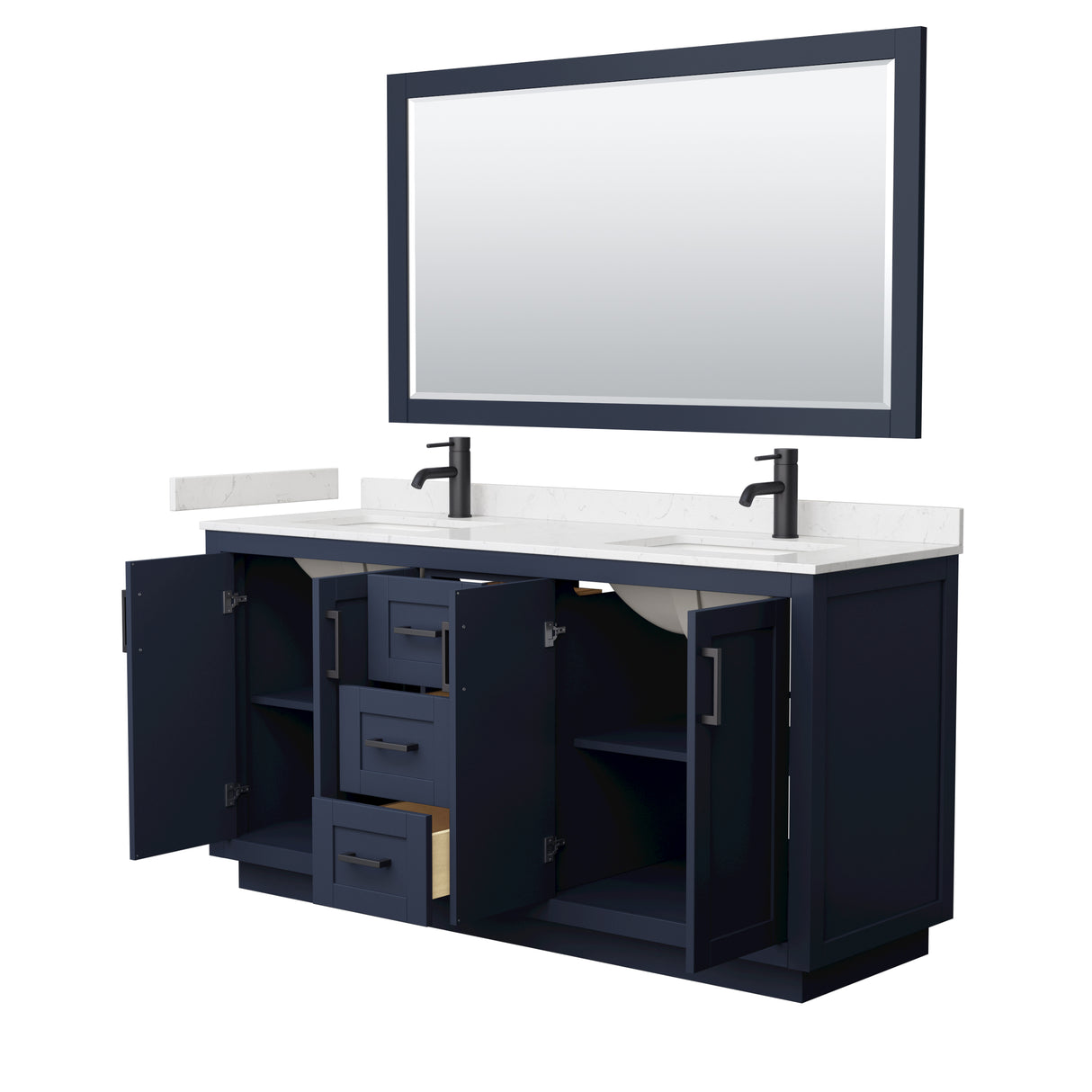 Miranda 66 Inch Double Bathroom Vanity in Dark Blue Carrara Cultured Marble Countertop Undermount Square Sinks Matte Black Trim 58 Inch Mirror